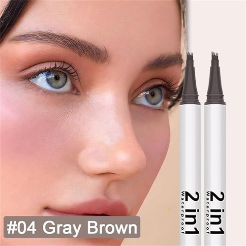 2PCS Waterproof 3D Eyebrow Pen, Dual-Ended Microblading Tattoo Pencil with 4 Fork Tip, Long-Lasting Eyebrow Tint for Natural-Looking Brows (2pcs-04 Grey Brown)