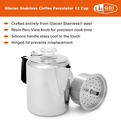 GSI Outdoors Percolator Coffee Pot I Glacier Stainless Steel with Silicone Handle for Camping, Backpacking, Travel, RV & Hunting - Stove Safe - 12 Cup