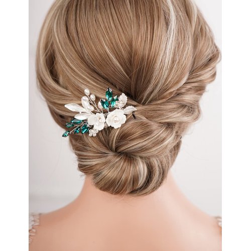 Missgrace Leaf & Flower Hair Comb, Wedding Crystal Rhinestones, Silver Green, for Brides Women