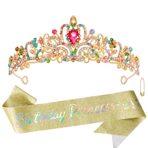 Atoden Birthday Crown and Sash Set Birthday Girls Princess Tiara Queen Crowns Multicolor Crystal Tiara Women Rhinestone Tiara Colorful Birthday Headband Happy Birthday Decorations Party Cosplay Gifts