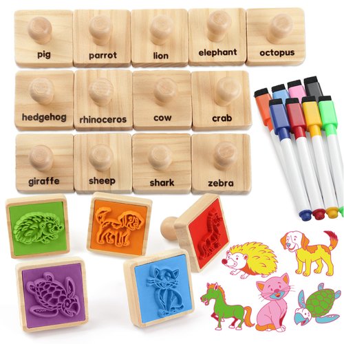 Coogam Wooden Stamps Printing Toy Set, 20pcs Animal Color Shape Stamping with Markers, DIY Dog/Cat/Zebra/Elephant Scrapbook Arts Crafts Supplies Party Favor Toy Gift for 3 4 5 Year Old Kids