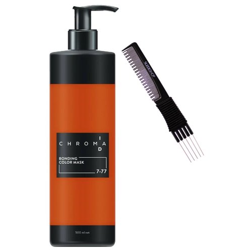 Sleekshop Comb + CHROMA.ID (7-77) Schwarzkapf Chroma ID Bonding Color Masks, Semi-Permanent Hair Color Dye (w/ Sleek Premium Carbon Teasing Comb) ChromaID Haircolor Masque (7-77 Med Blonde Copper (16 oz / 500 ml))