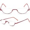 REAVEE 2 Pack Retro Designer Half Moon Reading Glasses Women Men Spring Hinge Half Frame Readers Stylish Slim Eyeglasses with Pouch,Red and Gun Grey 3.5