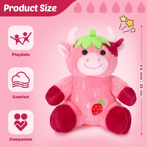 HyDren Strawberry Cow Plush Stuffed Animal 9.8" Soft Pink Cow Plush Animal Toy for Boys Girls Kids Toddlers Christmas Birthday Gifts Home Decorations
