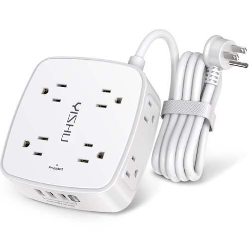 6 Ft Surge Protector Power Strip - 8 Widely Outlets with 4 USB Ports, 3 Side Outlet Extender with 6 Feet Extension Cord, Flat Plug, Wall Mount, Desk USB Charging Station, ETL,White
