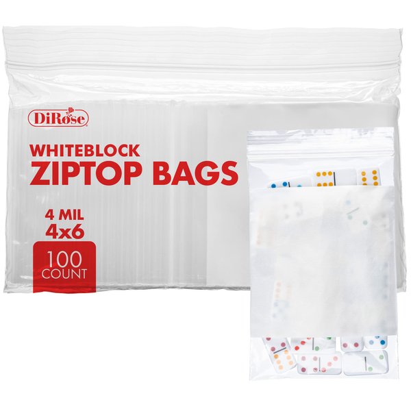 Dirose Reclosable Poly Zip Top Bags - 4" x 6" (100 Count), 4 Mil - Plastic Zip&lock Bags – Resealable Plastic Bags with Zipper - White Block Baggies for Jewelry, Pills, Candy