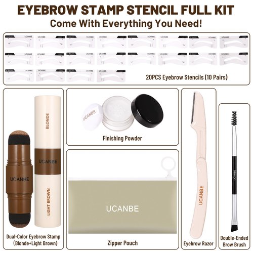 UCANBE 25PCS Eyebrow Stamp Stencil Kit With Dual-Color Eyebrow Stamp Pomade,20 Reusable Eyebrow Stencils,Finising Powder,Brush,Eyebrow Razor,Zipper Pouch,Waterproof Eye Brow Stamping and Shaping Kit01