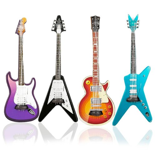 Suartus Miniature Guitar Miniature Bass Model - 4Pcs 1:12 Mini Musical Instrument Bass Guitar Wooden Guitar Model Display Ornaments for Mini Music Room Accessories Model Home Decoration