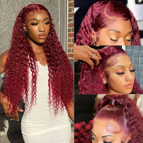 MAXTASK Burgundy Lace Front Wigs Human Hair Pre Plucked 99J Deep Wave Wig 13x4 HD Lace Frontal Wigs for Black Women Human Hair Red Colored Wet and Wavy Curly Wigs 22 Inch