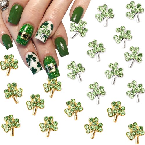 20Pcs St.Patrick's Day Nail Charms Nail Decals Alloy Silver Nail Charms Nail Jewelry 3D Green Shamrock Nail Gems Rhinestones Metal Lucky Charms Designs for Women Girls Acrylic Manicure Decorations