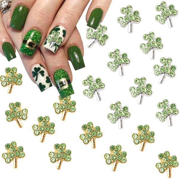 20Pcs St.Patrick's Day Nail Charms Nail Decals Alloy Silver Nail Charms Nail Jewelry 3D Green Shamrock Nail Gems Rhinestones Metal Lucky Charms Designs for Women Girls Acrylic Manicure Decorations