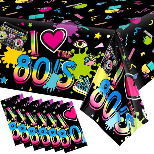 Tegeme 6 Pack 80s Plastic Party Tablecloth 80's Party Table Cover 80s Birthday Party Supplies The 80's Hip Hop Party Decoration Throwback Birthday Party Decoration for Dining Room, 54 x 108''