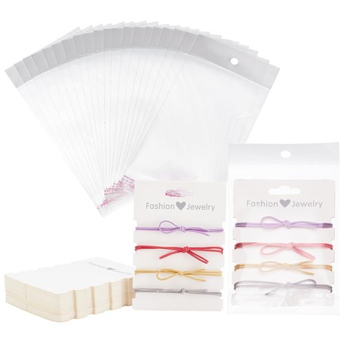 PH PandaHall 50 Sets Tie Display Cards, White Paper Hair Tie Holder Hair Bands Organizer Display Cardboard 4-Slot Holder Cards with Clear Bags for Women Hair Bow Barrettes Headband