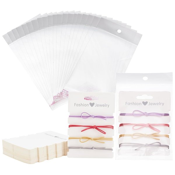 PH PandaHall 50 Sets Tie Display Cards, White Paper Hair Tie Holder Hair Bands Organizer Display Cardboard 4-Slot Holder Cards with Clear Bags for Women Hair Bow Barrettes Headband