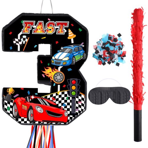 Harrycle Race Car Number Piñata Pull String Fast Piñata Small Racing Theme Piñata with Blindfold Stick Confetti for Birthday Decorations Party Supplies(Number 3)