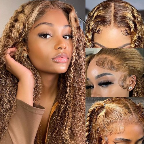 13x6 Highlight Water Wave Lace Front Wigs Human Hair Ombre Color 4/27 Lace Front Wigs Human Hair 180% Density Glueless Wigs Human Hair Pre Pluck for Black Women (4/27, 24inch）