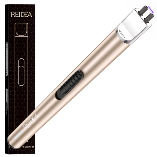 REIDEA Lighter Electric for Candle S4 Pro USB Rechargeable Safety Lock with LED Battery Indicator Flameless Windproof Arc Plasma Lighter for Candle, Fireworks (Champagne Gold)
