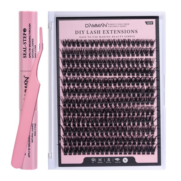 DIY Lash Extension Kit 240 Pieces D Curl Lash Clusters Kit with Bond and Seal and Lash Tweezers For Eyelash Wispy 50D 8-16mm Mix Eyelash Extensions Kit For Beginners By DAMMAN