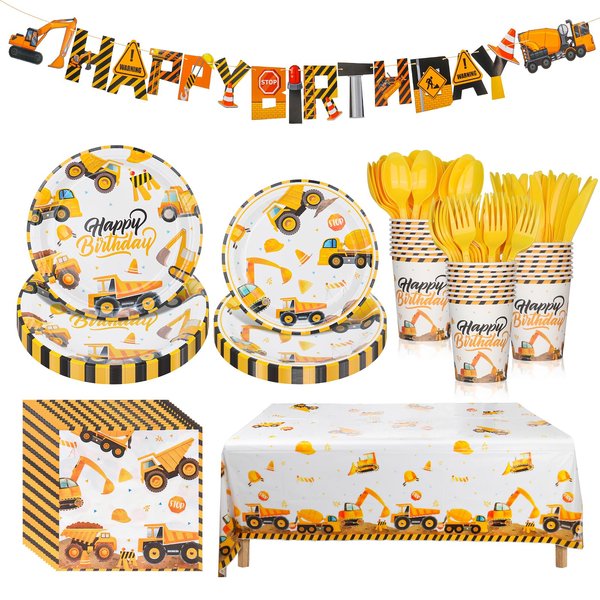 KesaPlan 170 Pcs Construction Birthday Party Supplies, Construction Themed Birthday Party Decorations for Boys Kids, Construction Birthday Party Plates and Napkins Cups Cutlery Table Cloth Serves 24