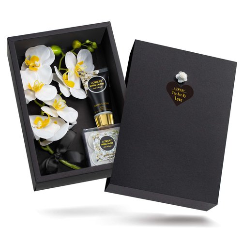 Christmas Gift - Home Spa Baskets for Women - Bath and Body Gift Baskets for Men – Holiday & Birthday Gifts, Plant Essential Oil with Bouqet of White Orchid Soaps, Scented Hand Lotion & 4 Bath Bombs
