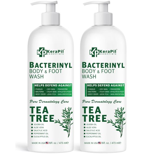 KERAPIL Bacterinyl Tea Tree Body Wash, Often Chosen as an Antifungal Body Wash, Helps with Body Odor, Ringworm, Athlete's Foot, Nail Health, Acne, Feet & Healthy Skin, Made in USA (16 fl oz each)