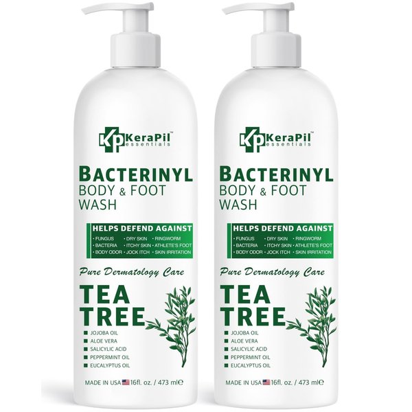 KERAPIL Bacterinyl Tea Tree Body Wash, Often Chosen as an Antifungal Body Wash, Helps with Body Odor, Ringworm, Athlete's Foot, Nail Health, Acne, Feet & Healthy Skin, Made in USA (16 fl oz each)