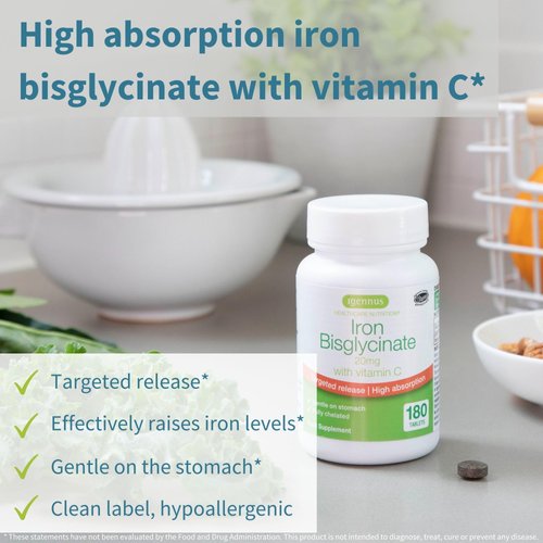 High Absorption Chelated Iron Bisglycinate 20mg with Vitamin C, 6 Month Supply, Gentle Formula, Clean Label & Targeted Release, One Daily, Vegan, 180 Tablets, by Igennus