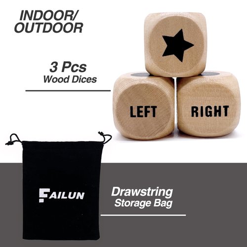 FAILUN Left Right Center Game Dice 1 Inch Wooden Dice with Drawstring Bag, Easy to Store and Carry Around, Convenient for Travel (3 Pcs)