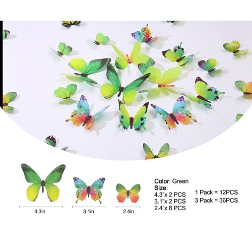 36PCS Butterfly Wall Decals - 3D Butterflies Wall Stickers Removable Mural Decor Wall Stickers Decals Wall Decor Home Decor Kids Room Bedroom Decor Living Room Decor-Green