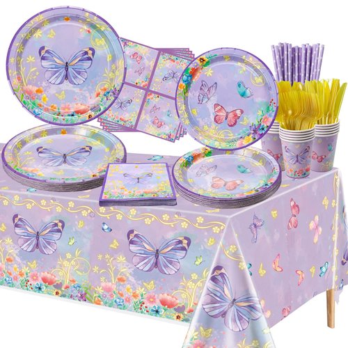 XJLANTTE Butterfly Birthday Decorations - 166 Pcs Purple Butterfly Party Decorations Butterfly Plates, Napkins, Cups, Tablecloth and Straws for Butterfly Birthday Party Supplies, Serve 20