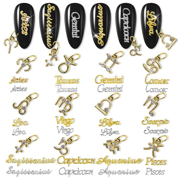 DANNEASY 36pcs Zodiac Nail Charms Dangle Nail Letter Charms Nail Rhinestones Alloy Nail Jewels 3D Nail Art Charms Virgo Leo Aries Taurus Gemini Capricorn Nail Decoration Jewelry for Acrylic Nails