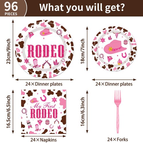 My First Rodeo Plates and Napkins Party Supplies 96PCS 1st Cowgirl Birthday Party Decorations Western Cowgirl Rodeo Disposable Tableware Set Serve 24 Guests