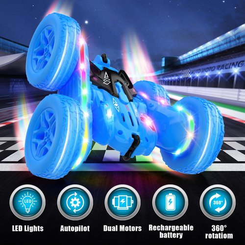 Jimdella Remote Control Car,RC Cars with Sides Light Strip and Headlights,Double Sided 360 Flips Rotating RC Stunt Car,2.4Ghz All Terrain Toys for Ages 4-6 Kids Toy for Boys Girls Birthday Gift(Blue)