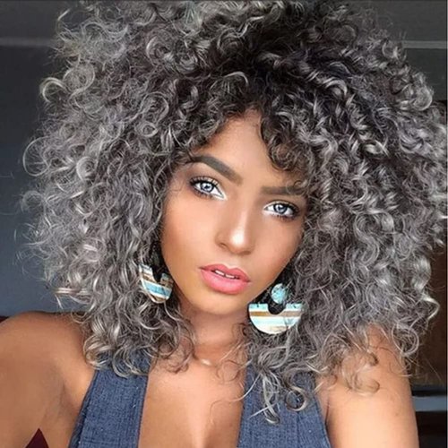 Amnenl Grey Short Curly Wigs for Black Women Gray Wave Wigs with Bangs Synthetic Wig Rocker Daily Costume Wigs(Mixed Black)