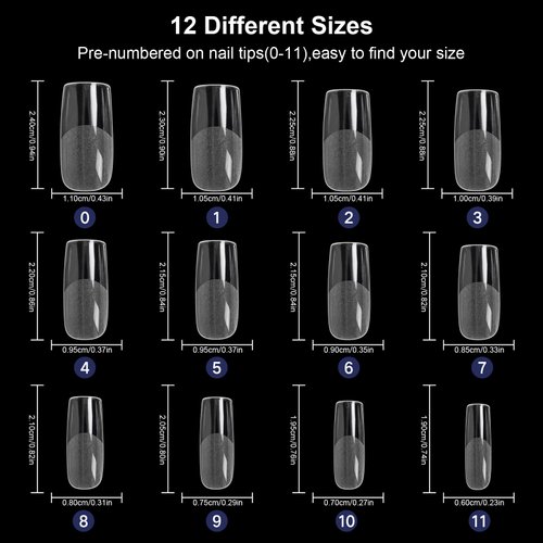 AORAEM Square Nail Tips 600 PCS Artificial Full Cover Nail Tips Soft Clear Nail Tips 12 Sizes Acrylic Medium Square Press on Nails Tapered Square False Nails with Box for Home DIY Nail Salon
