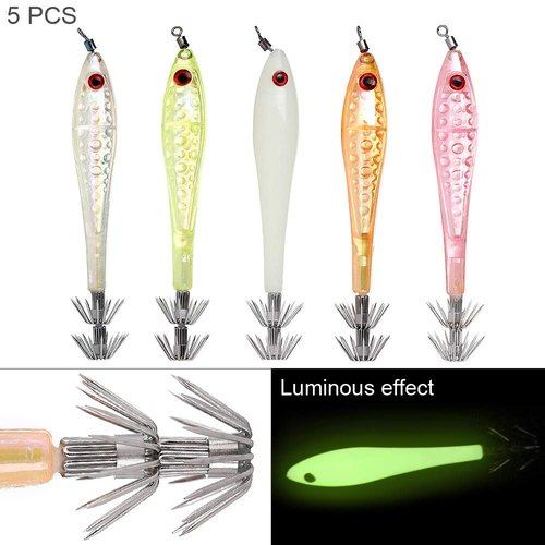 OriGlam 5pcs Luminous Squid Jigs Hook Fishing Lures Baits, Shrimp Prawn Tackle Hooks Lure, Stainless Steel Squid Hooks Glow in Dark for Saltwater Fishing Octopus Cuttlefish Hook Set