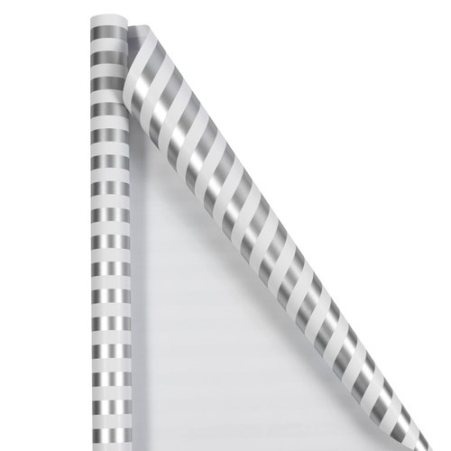 JAM Paper Gift Wrap - Striped Wrapping Paper - 25 Sq Ft (30 in x 10 Ft) - Silver & White Stripes - Roll Sold Individually