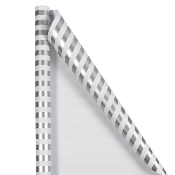 JAM Paper Gift Wrap - Striped Wrapping Paper - 25 Sq Ft (30 in x 10 Ft) - Silver & White Stripes - Roll Sold Individually