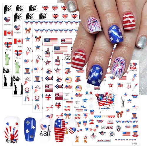 4th of July Nail Art Stickers 8 Sheets American Flag Patriotic Nail Stickers 3D Self-Adhesive USA Flag Heart Star Nail Design Independence Day Nail Decals for Memorial Day DIY Nail Decoration