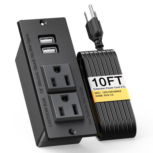 Kungfuking Recessed Power Strip Conference Recessed Outlet Desktop Power Grommet Furniture Flush Mount Desk Outlet Power Socket 2-Socket & 2-USB Ports 10 FT Extension Power Cord, ETL Listed