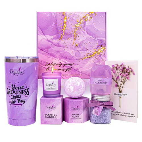 DÉLLÁÁZ Lavender Spa Gift Basket for Women – 6-Piece Relaxation Set with Candle, Handmade Soap, Bath Bomb, Bath Salts, 20oz Insulated Tumbler & Greeting Card – Perfect Birthday or Mother’s Day Gift