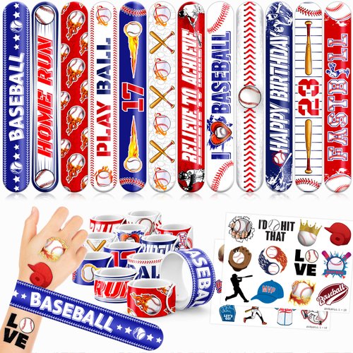 48 Baseball 24PCS Baseball Temporary Tattoos Sticker 24PCS Slap Bracelets Perfect for Themed Birthday Party Favors Baby Showers or Classroom Rewards Ideal Decor and Gifts for Girls and Boys