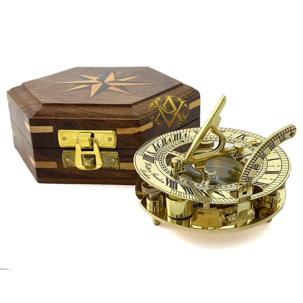 Marine Sundial Compass with Wooden Box Vintage Brass Ship Navigate Device J.H.Steward Ltd. Strand London Functional Sundial with time Chart Nautical Gift Collection