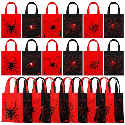 Ferraycle 24 Pack Spider Themed Gift Bags Spider Party Favors Non Woven Reusable Goody Treat Bags with Handles Spider Themed Birthday Party Supplies for Kids Boys, 6 Styles (Spooky Style)