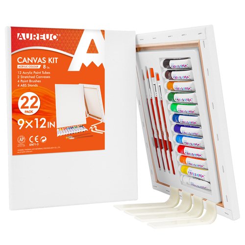 AUREUO 9x12 Inch / 2 Pack Stretched Canvas Set with Stands - 12 Acrylic Paints, Brushes - Acrylic Paint Kit - Painting Supplies for Artists, Adults & Beginners