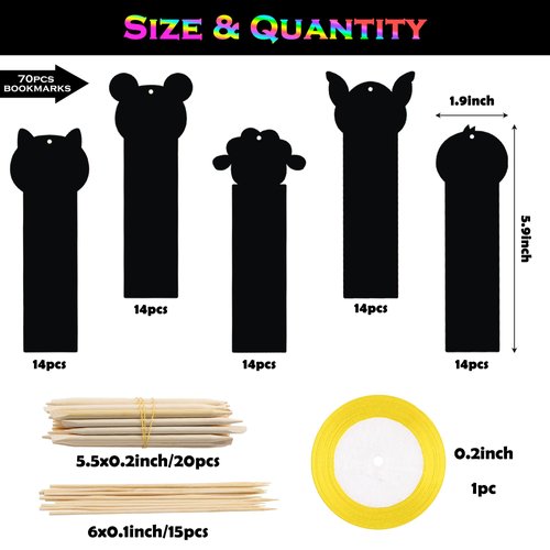 MALLMALL6 70Pcs Animal Scratch Bookmarks Scratch DIY Hang Tags Party Favors Theme Birthday Party Classroom School Supplies Decorations Crafts Kit for Kids
