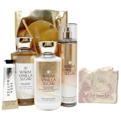 Bath & Body Works Warm Vanilla Sugar Gift Bag Set - Fine Fragrance Mist, Daily Nourising Body Lotion, Shower Gel and Hand Cream with a Himalayan Salts Springs Sample Soap