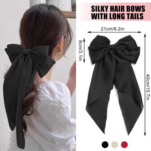 Hair Bows, Barrettes and Scrunchies for Women: 3 PCS Black Satin Ribbon Hairpins with Long Tails, Metal French Clips, and Ponytail Accessories