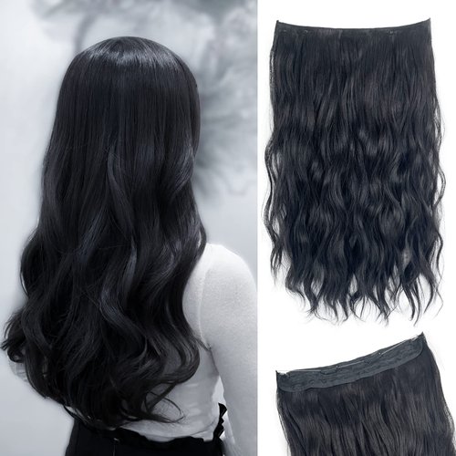 BEAUEXE Invisible Wire Halo Hair Extensions for Women Long Wavy Adjustable Hair Pieces Removable Secure Clips Hairpieces Secret Extensions 20'' (Black), 1.0 Count