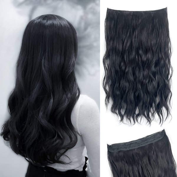 BEAUEXE Invisible Wire Halo Hair Extensions for Women Long Wavy Adjustable Hair Pieces Removable Secure Clips Hairpieces Secret Extensions 20'' (Black), 1.0 Count